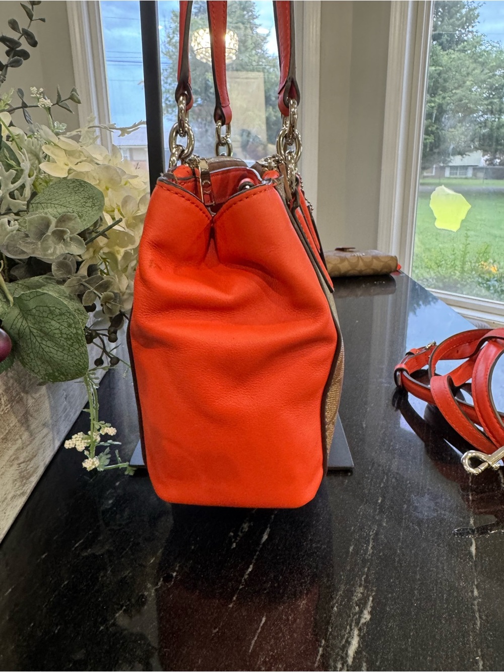 🤎COACH Mini Christie Carryall Signature Coated Canvas Khaki Coral Orange - Picture 8 of 16